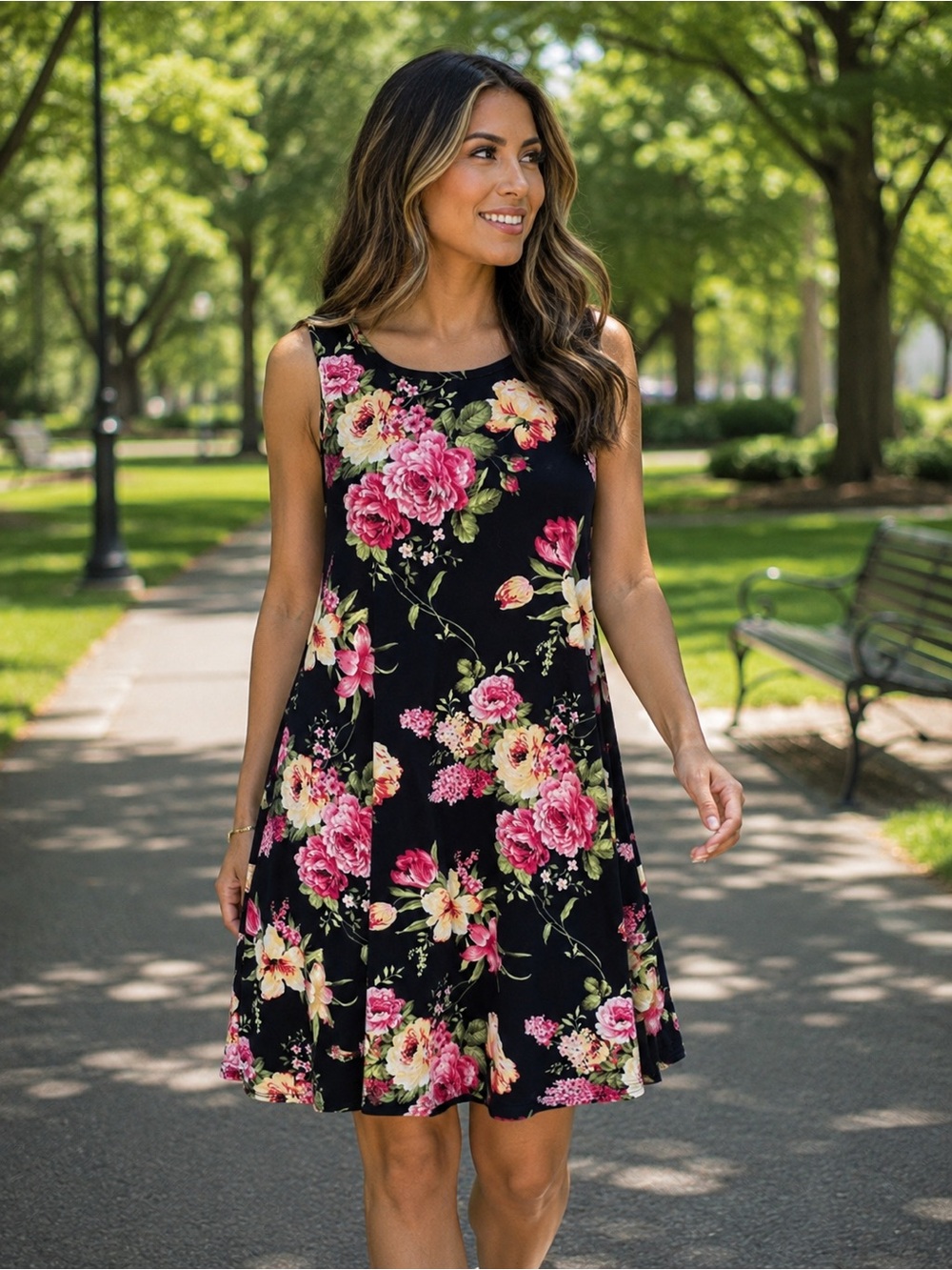 Navy Floral Sleeveless Swing Dress